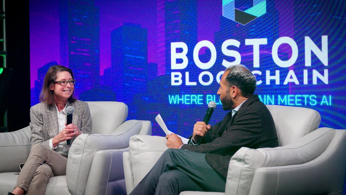 Ian Cain in a fireside chat with Abigail Johnson at Boston Blockchain Week 2025